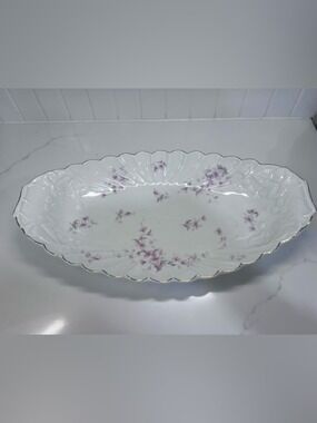 Antique Porcelain Oval Serving Platter Violets Scalloped Embossed Edge 16 x 9